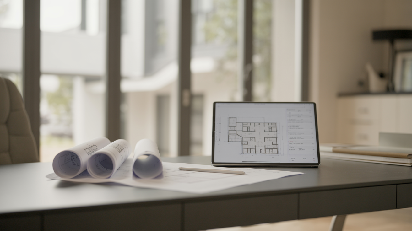 ALT TAG: Modern desk with blueprints and tablet displaying transparent project planning for construction client trust.