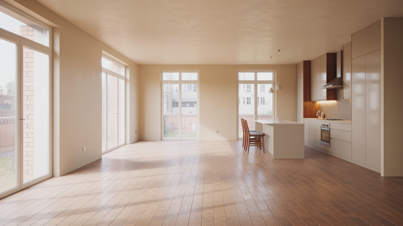 Renovated turnkey property: open-plan living/kitchen, hardwood floors, large windows, move-in ready, modern investment.