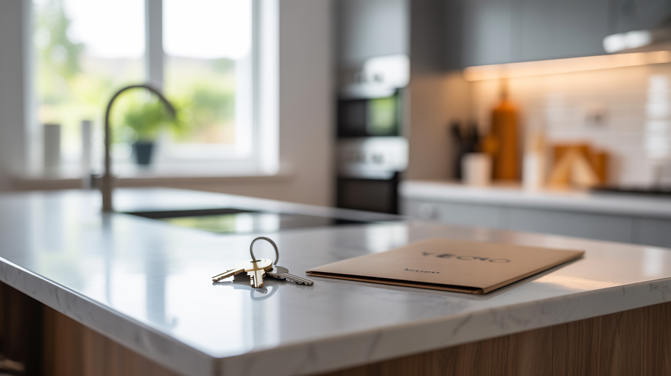 ALT TAG: Turnkey property handover scene with house keys and welcome folder on a modern kitchen island, symbolizing effortless ownership for busy investors in a pristine new home.