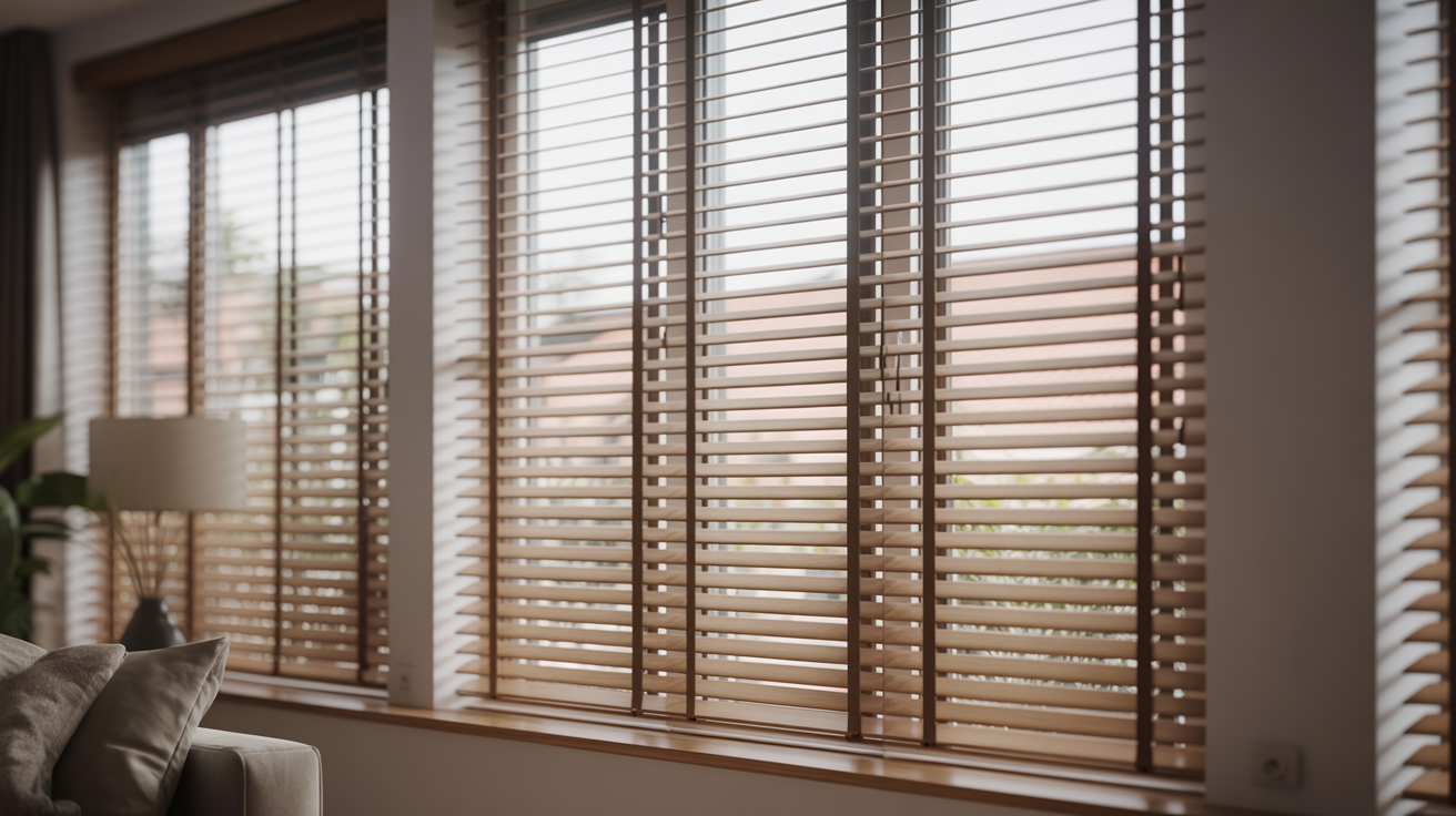 ALT TAG: Elegant wooden Venetian blinds on a modern living room window, filtering soft daylight and showcasing stylish, functional window treatments.