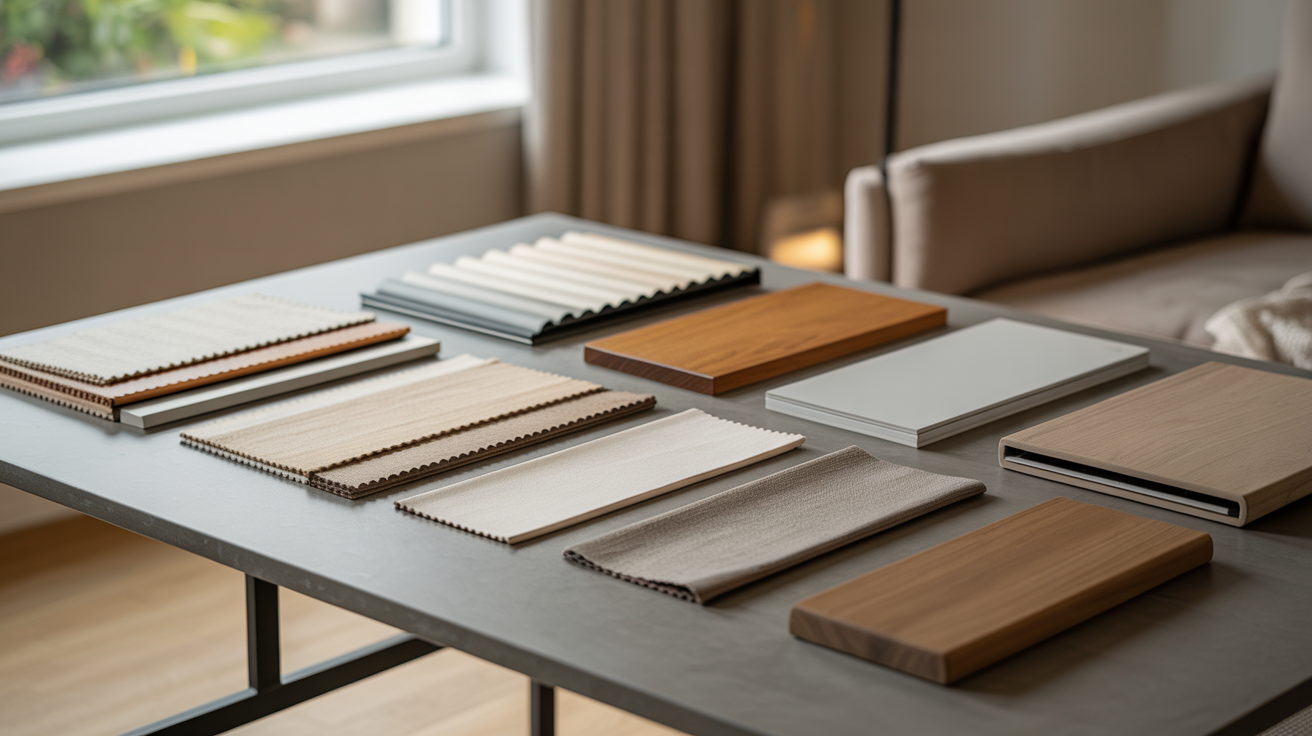 Window treatment samples: Fabric swatches, wood finishes, blind slats for budgeting custom coverings; diverse, high-quality options.