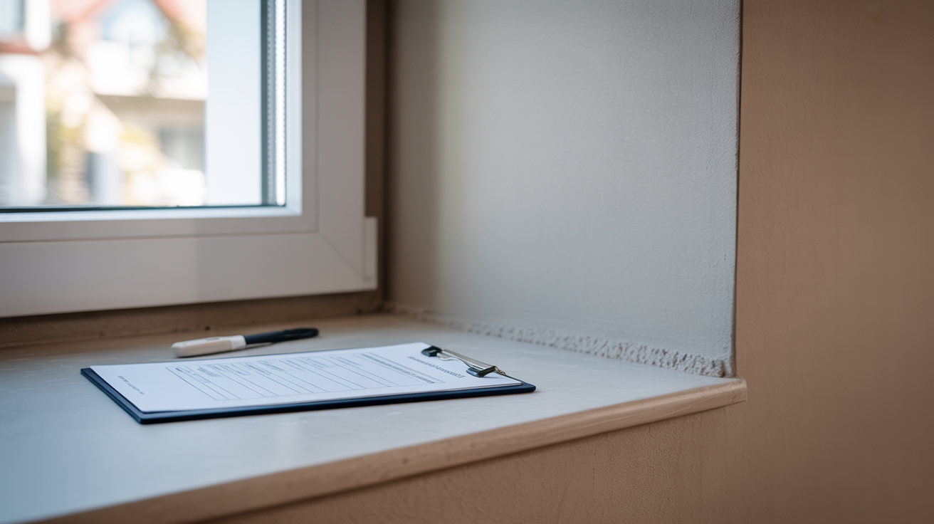 New build snagging inspection: clipboard and pen near a newly painted wall corner, symbolizing defect identification in a pristine modern home.