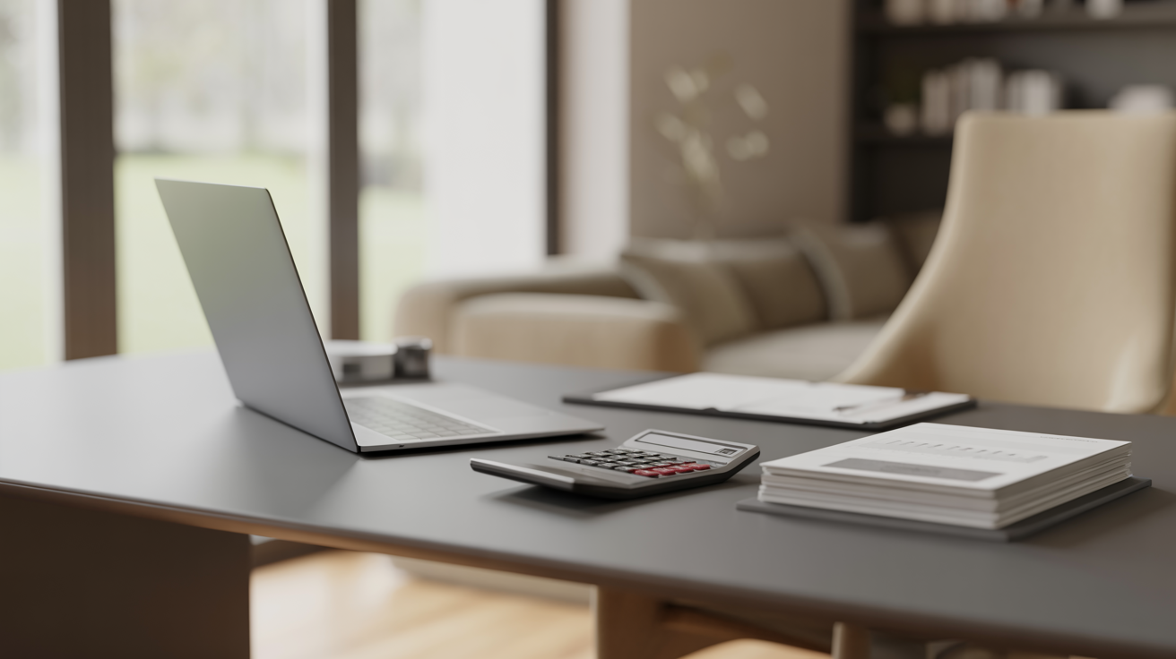 Modern home office desk with laptop, documents for real estate accounting and investment; organized, professional, insightful.