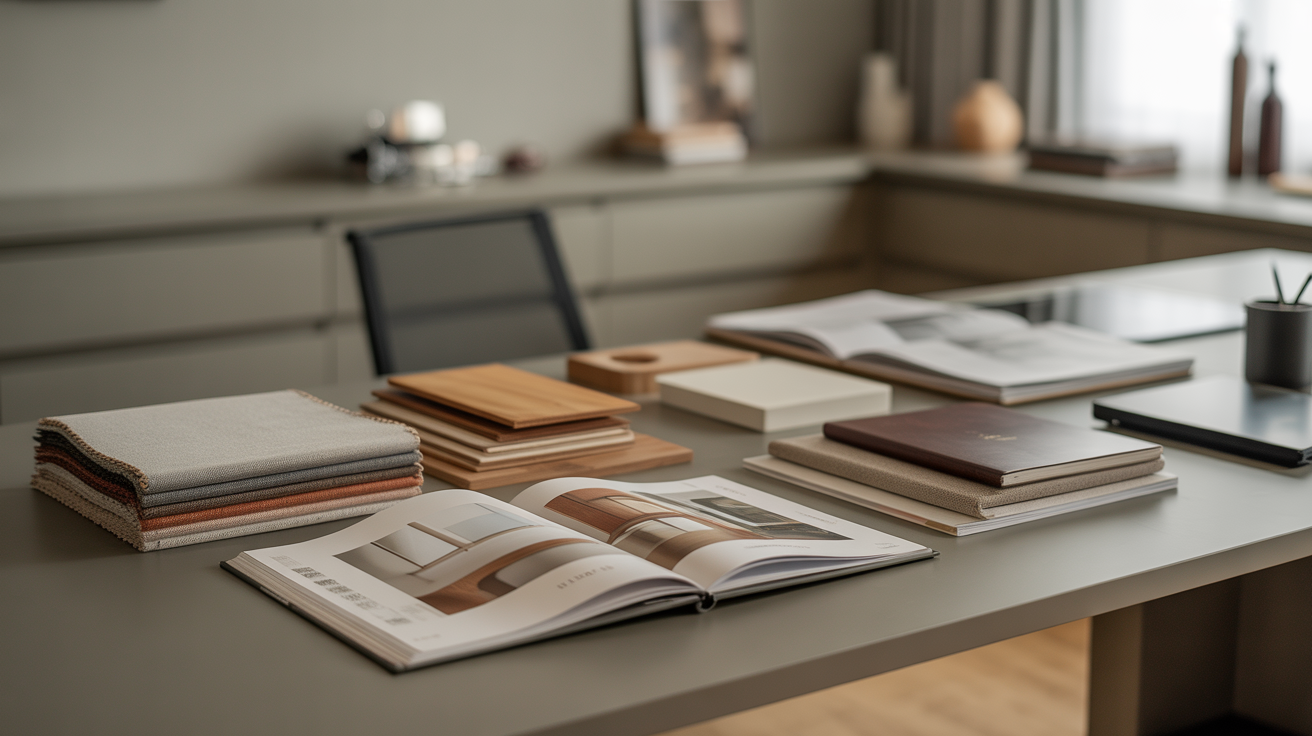 Desktop with fabric swatches, wood samples, and catalog, illustrating strategic furniture sourcing and supplier evaluation.