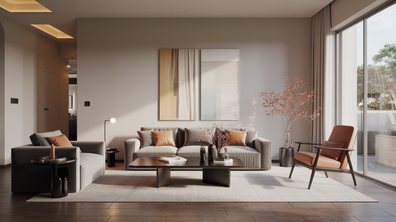 Stylish modern living room displaying successful furnishing with a contemporary sofa and armchair, bathed in soft natural daylight.