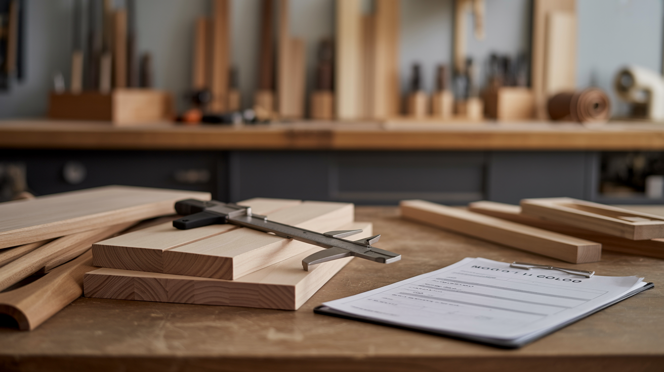 High-end furniture quality control: wood samples, caliper, and checklist on workbench, showcasing meticulous inspection process.