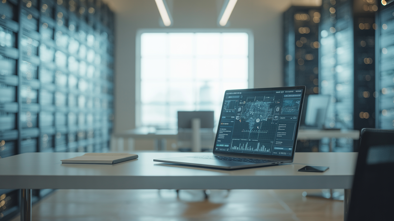Laptop in modern office showing data, highlighting streamlined IT operations and efficiency gains from managed services.