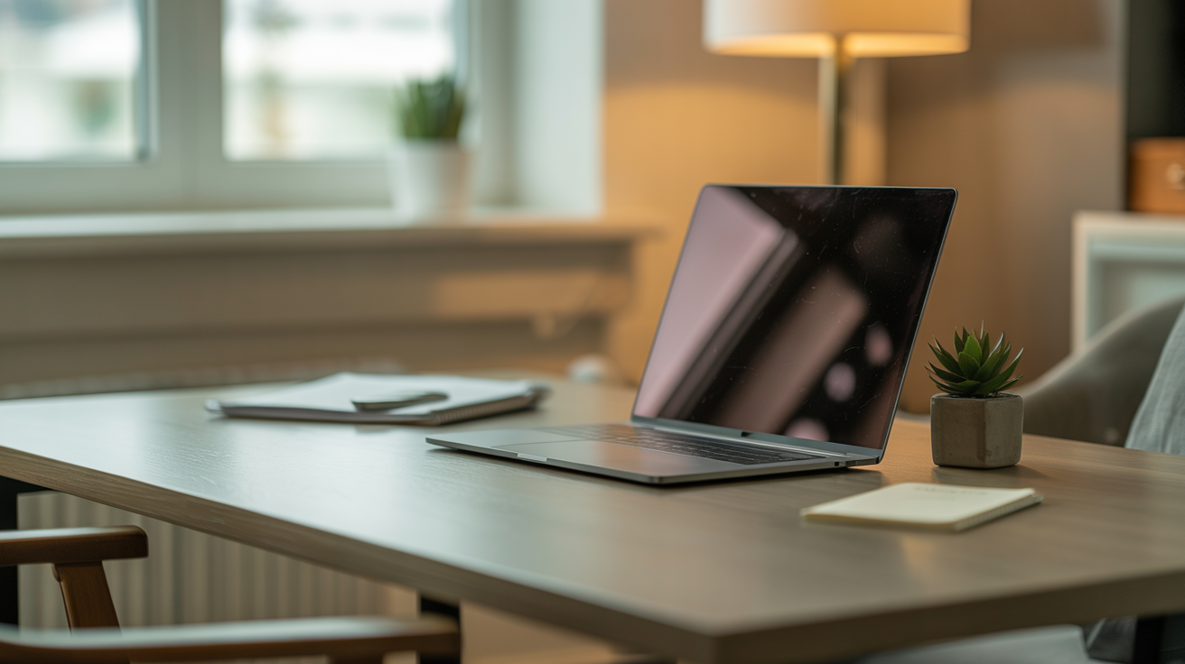 Modern home office desk with open laptop, succulent, and notepad for researching local internet and TV provider options, clean bright aesthetic.