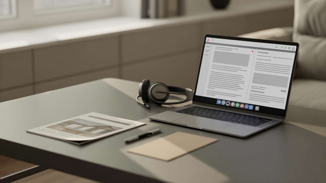 Modern office desk with laptop, headset, and document, key tools for vendor communication and organized relationship management.