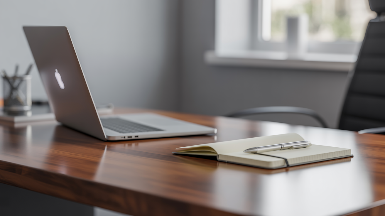 Client Liaison's modern office desk: open laptop, notebook, pen, showcasing organized communication and professional client support.