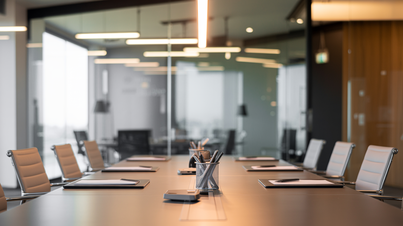 Modern office meeting room for client liaison strategy, showing notepads on sleek table, emphasizing clear communication and professional collaboration.
