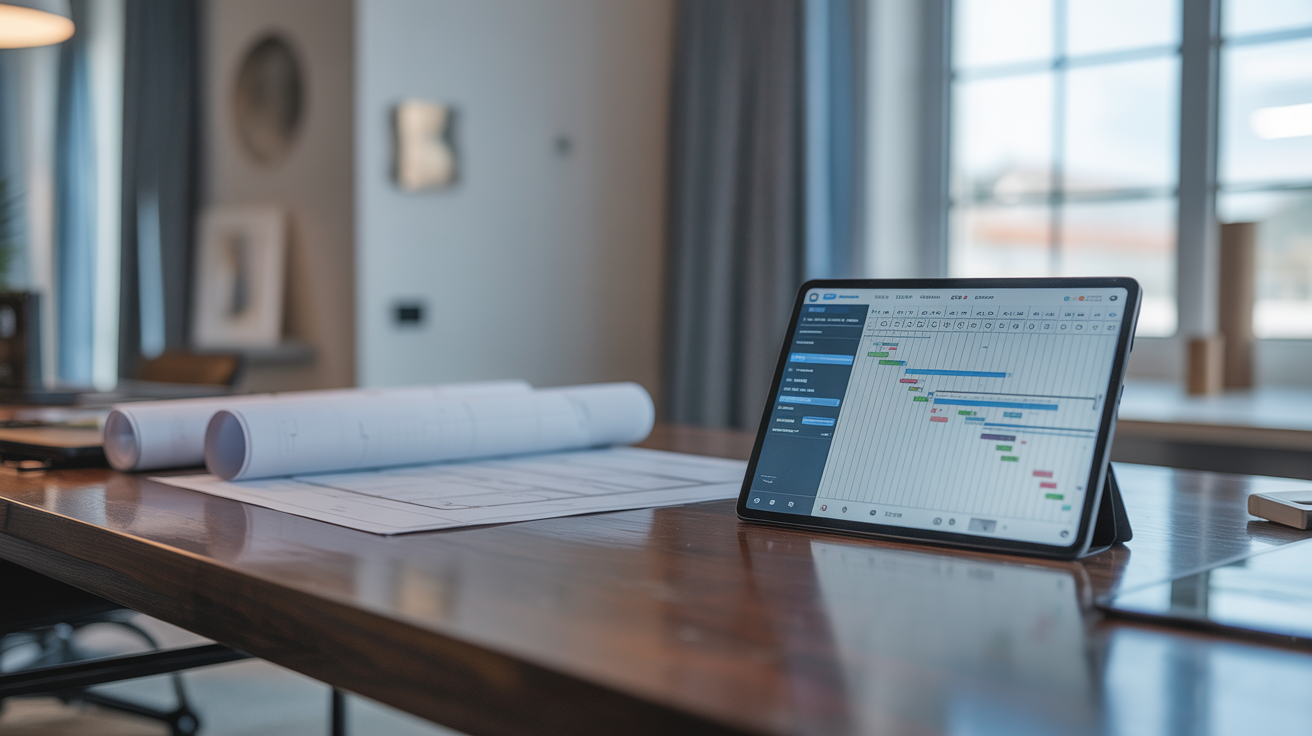 Tablet on modern office desk displaying construction project software, enhancing team communication and project collaboration for optimal efficiency.